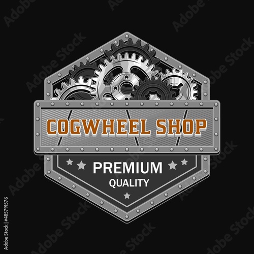 Vintage hexagonal label with black, silver steel gears, metal rail, rivets, horizontal space for text. Emblem in steampunk style. Good for craft design.
