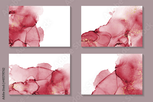 Modern watercolor background or elegant card design or wallpaper or poster with abstract red ink waves and golden splashes.
