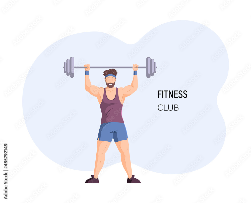 Obraz premium Male bodybuilder raising heavy barbell training muscle at fitness club. Fit man holding crossbar