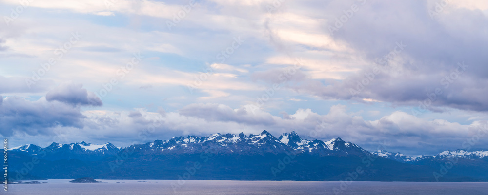 Obraz premium Andes Mountain Range in Chile seen from Ushuaia, the southern most city in the world, Tierra del Fuego, Patagonia, Argentina, South America
