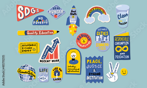 Illustration of The Global Goals concept. Corporate social responsibility. Sustainable Development Goals. SDGs stickers.