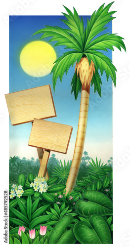 Tropical palm tree and wood plaque with blue sky
