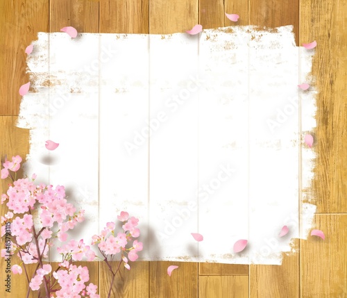 白いペンキを塗ったぬくもりのある色調の木目の板に桜の木の枝と花びらの散る壁紙背景素材