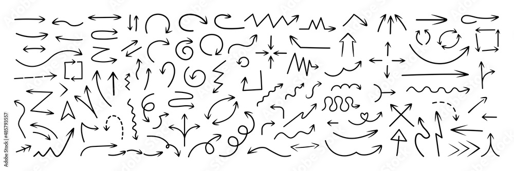 Arrow icon set vector illustration. Set of black hand drawn arrows isolated on white background Arrow icon set vector illustration. Set of black hand drawn arrows isolated on white background