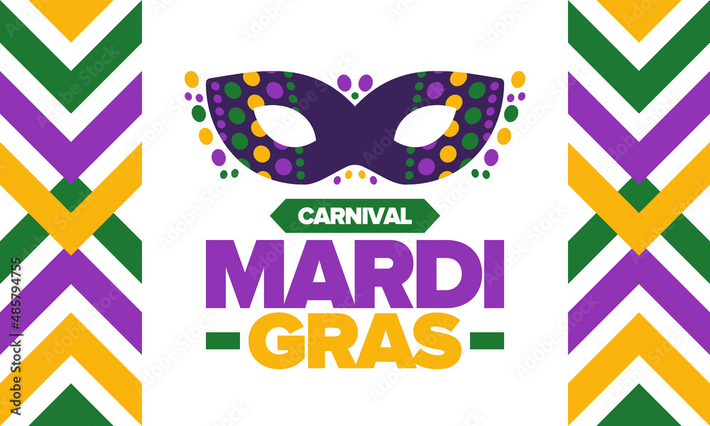 Mardi Gras Carnival in New Orleans. Fat Tuesday. Traditional folk festival with parade and celebration. Annual holiday. Costume masquerade, fun party. Carnival mask. Poster, card, banner. Vector Mardi Gras Carnival in New Orleans. Fat Tuesday. Traditional folk festival with parade and celebration. Annual holiday. Costume masquerade, fun party. Carnival mask. Poster, card, banner. Vector