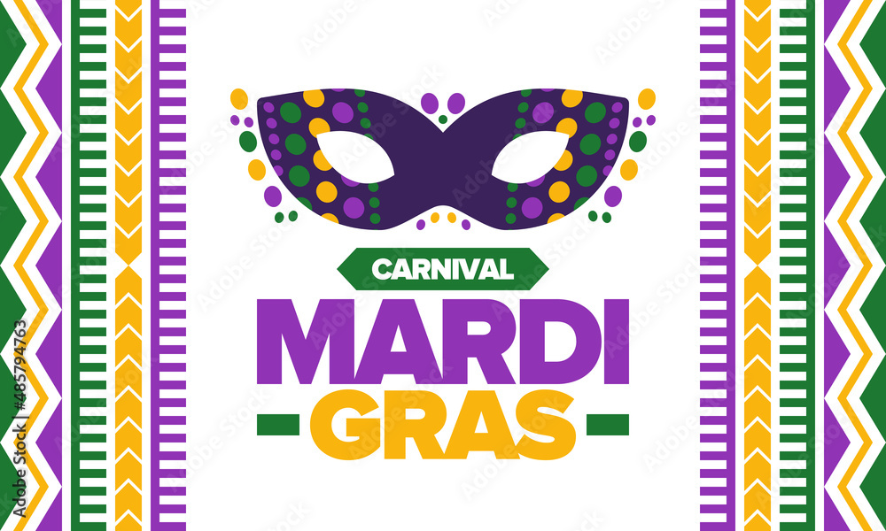 Fototapeta premium Mardi Gras Carnival in New Orleans. Fat Tuesday. Traditional folk festival with parade and celebration. Annual holiday. Costume masquerade, fun party. Carnival mask. Poster, card, banner. Vector