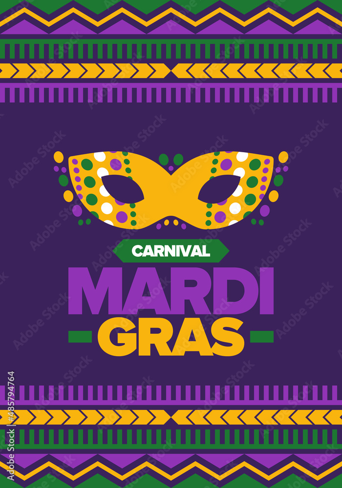 Mardi Gras Carnival in New Orleans. Fat Tuesday. Traditional folk festival with parade and celebration. Annual holiday. Costume masquerade, fun party. Carnival mask. Poster, card, banner. Vector