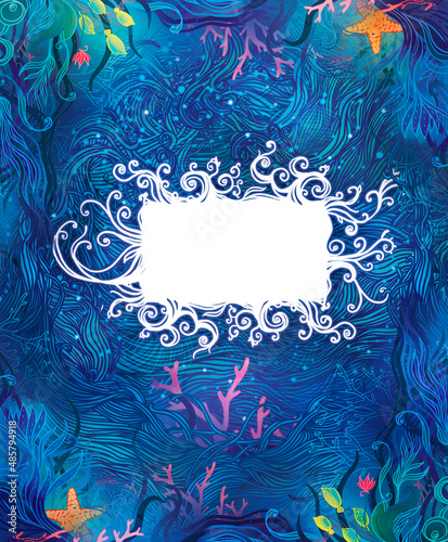 Elegant white frame over the underwater patterned background