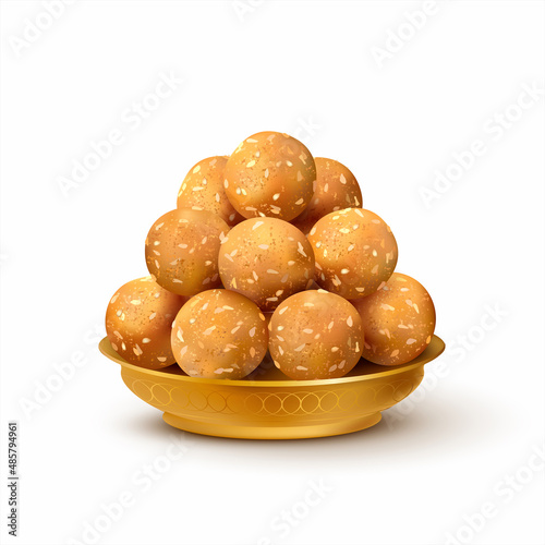 Plate with Indian sweets laddu (ladoo) isolated on white. Traditional dessert for many Hindu festivals (Pongal, Dussehra, Diwali). Vector illustration.  photo