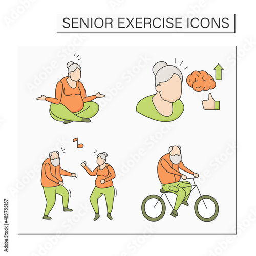 Senior exercise color icons set. Physical activity. Cycling, dancing, stress reliever, healthy lifestyle. Training concept. Isolated vector illustrations