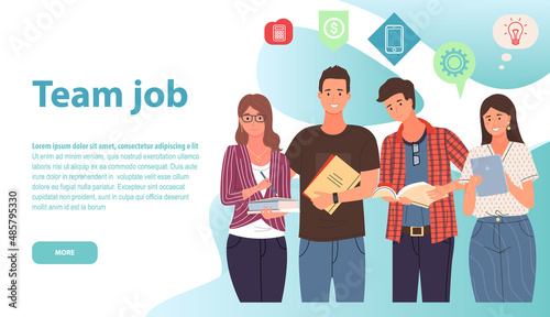 Business people have teamwork, brainstorming. Office team, multicultural collective workers. Landing page of business website design. Multinational colleagues, company employees for web page layout