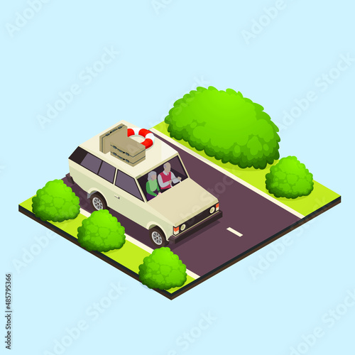 Dating vector concept. Senior couple doing travel together with car while carrying luggage
