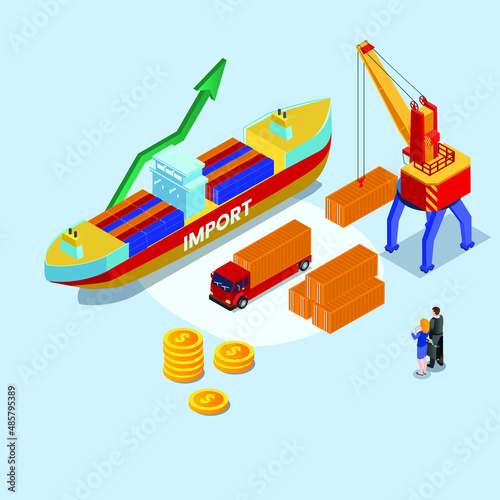 Shipping vector concept. Two business people looking at import delivery while standing with upward arrow in the port