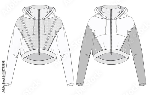 Jacket Outer fashion flat template. Loungewear fashion design vector. Girls Crop Hoodie fashion flat template. Knitted Crop Hoodie fashion design set.