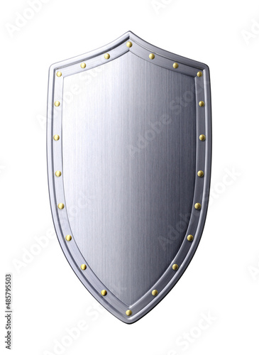 Heavy metal and steel silver grey shield with gold steel ball in white background
