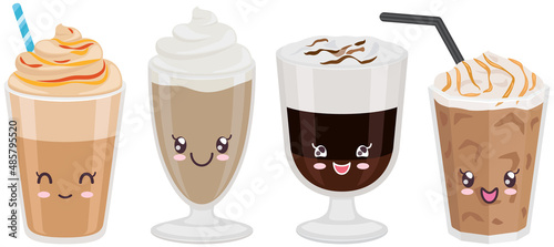 Cute cups of coffee set sticker kawaii icon vector design. Adorable cute hot drinks, coffee to go, latte in cup with positive emotions, japanese, oriental culture symbol anime, facial expression