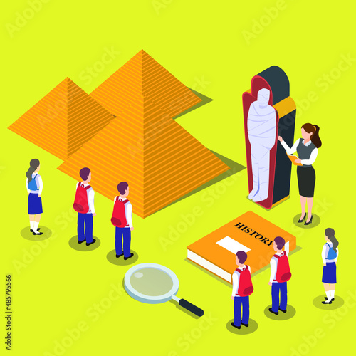 Education vector concept. Female teacher explaining the mummy sarcophagus to her students in the museum while standing near pyramids