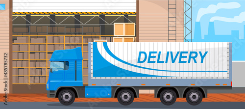 Transport for delivery of goods in warehouse of enterprise. Freight transport in storage with boxes. Delivery truck for transportation in factory. Truck with body for cargo vector illustration