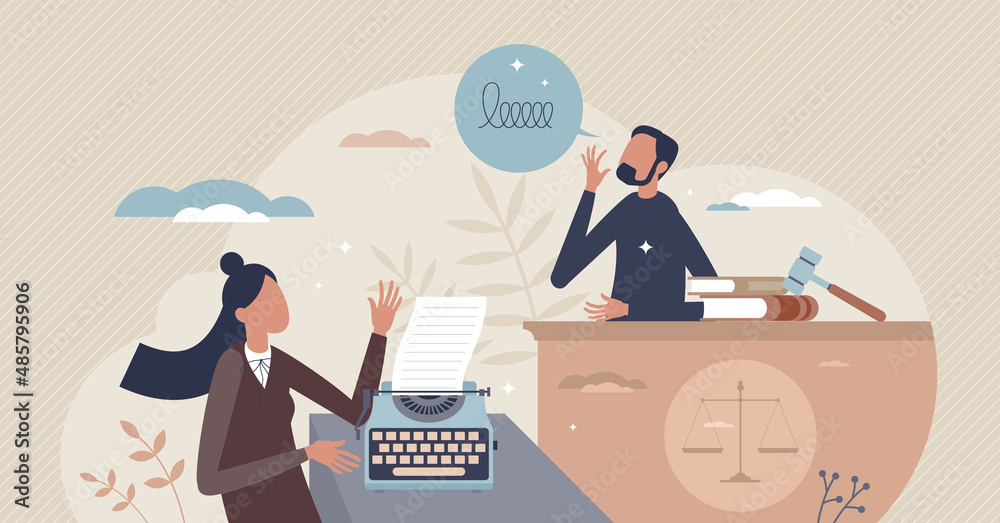 Court reporter work as writing testimony on stenotype tiny person