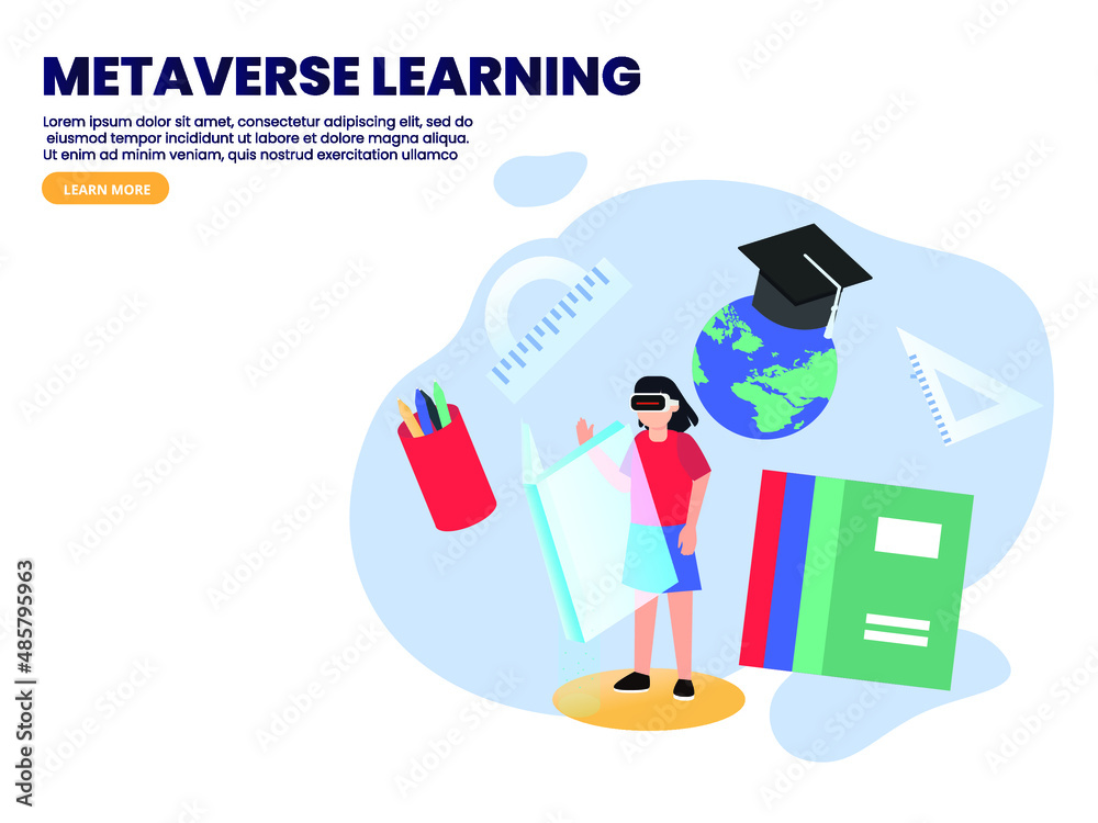 Metaverse vector concept. Young woman wearing a VR glasses while studying in the metaverse