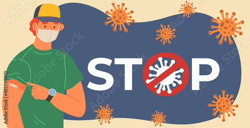 Stop coronavirus agitation concept. Vaccination promo, immunization of workers. Vaccine saves lives. People wearing protective mask showing their arm with bandage after receiving covid-19 vaccine