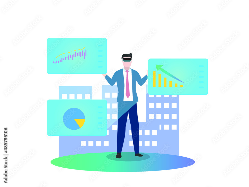Metaverse cryptocurrency vector concept. Male manager wearing VR glasses while working with finance chart in the metaverse Metaverse cryptocurrency vector concept. Male manager wearing VR glasses while working with finance chart in the metaverse