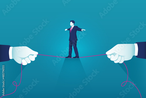 Businessman walking on tight rope. Risk challenge to success background
