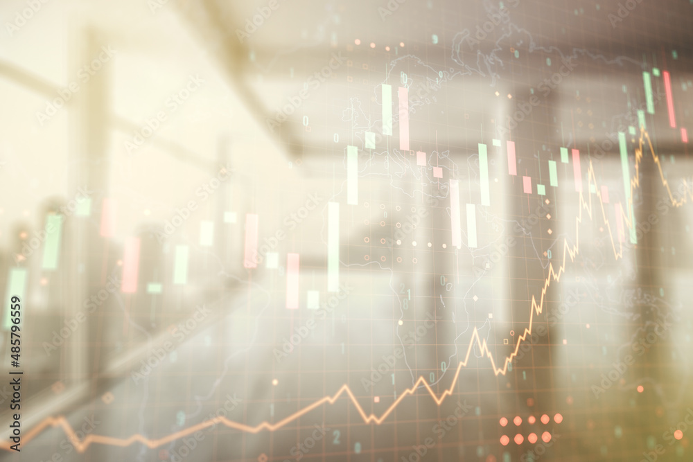 Multi exposure of virtual abstract financial graph hologram and world map on modern interior background, financial and trading concept