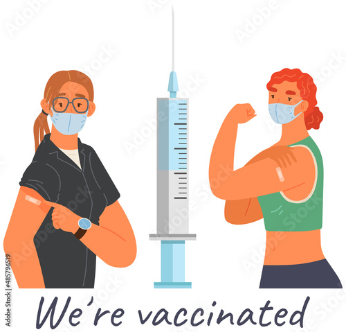 Stop coronavirus agitation concept. Vaccination promo, immunization of workers. Vaccine saves lives. People wearing protective mask showing their arm with bandage after receiving covid-19 vaccine
