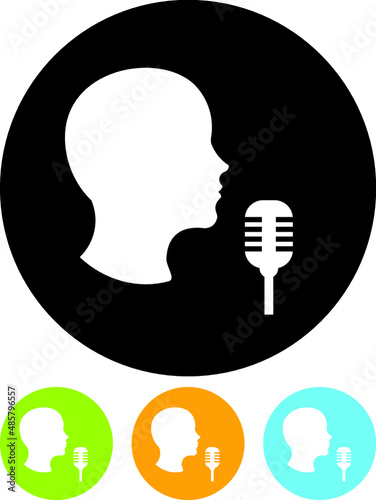 Radio DJ or podcast host speaking or singer signing into the microphone. Head silhouette with mic. Vector icon isolated