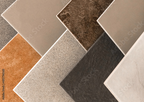 Colored samples of ceramic tiles for kitchen or bathroom interior material design of house, floor, porcelain stoneware