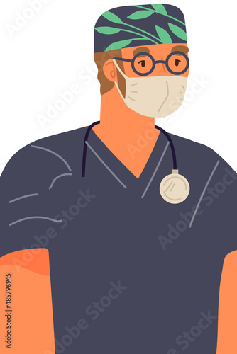 Doctor man wearing protective mask showing his arm with bandage after receiving covid-19 vaccine. Concept of vaccination, health, immunization, healthcare, call of fight against coronavirus