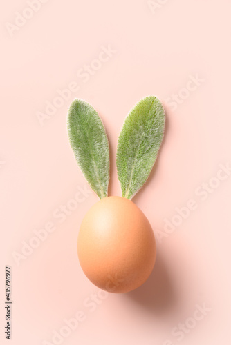 Easter brown egg with from leaves as bunny on pink background. Creative concept. Easter vertical minimal greeting card. Veiw from above.