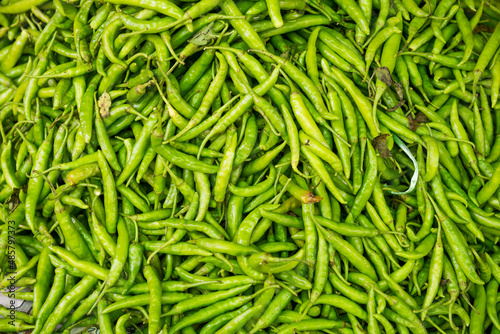 Green chillies in Mrauk U vegetable market, Rakhine State, Myanmar (Burma)