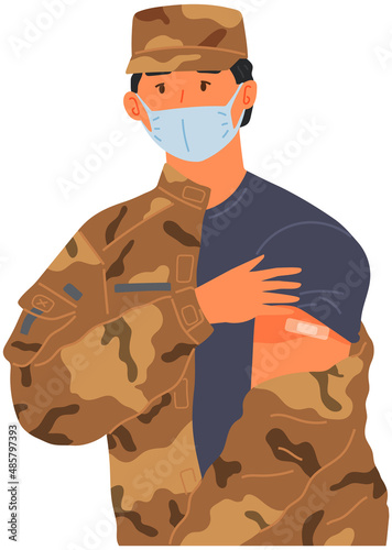 Stop coronavirus agitation concept. Vaccination promo, immunization of workers. Vaccine saves lives. People wearing protective mask showing their arm with bandage after receiving covid-19 vaccine