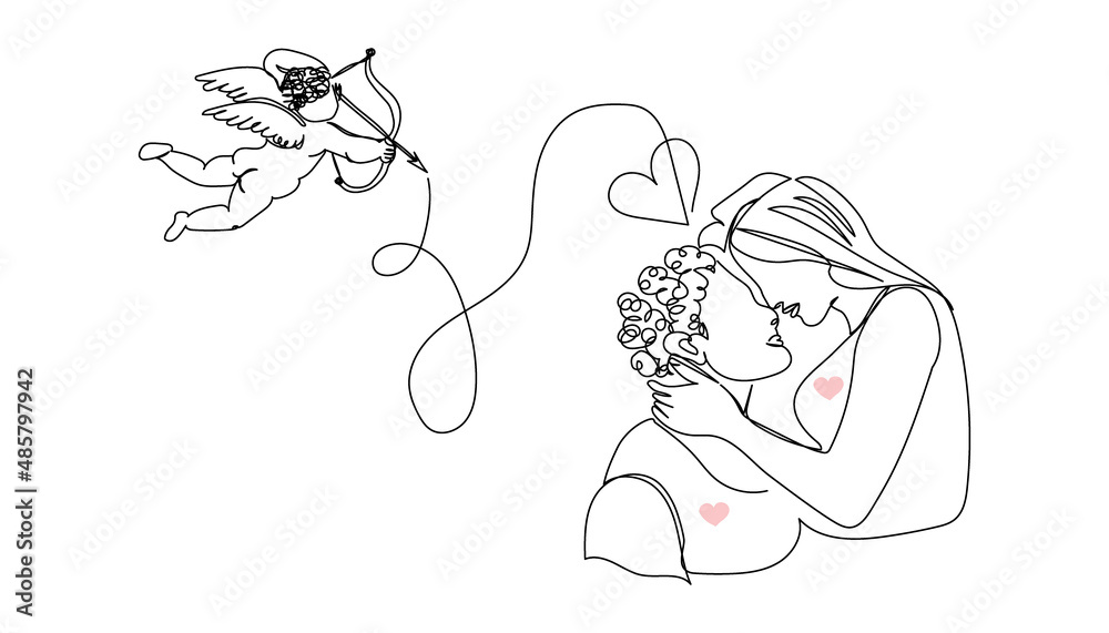 Couple in love with cupid continuous line drawing. One line art of kissing, hugging, love, angel, engaged romance, valentine s day, relationship, girlfriend, boyfriend, love. Couple in love with cupid continuous line drawing. One line art of kissing, hugging, love, angel, engaged romance, valentine s day, relationship, girlfriend, boyfriend, love.