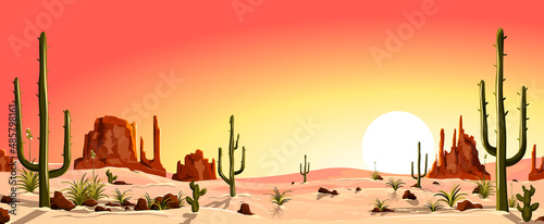 Sunset in the desert in the valley of cacti and stones. Sandy desert with cacti. Mountains and stones. Sunset in the desert. Silhouettes of stones, cacti and plants