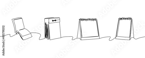 Set of calendars continuous line drawing. One line art of date, holiday, weekdays, tear-off calendar, loose-leaf calendar, weekends.