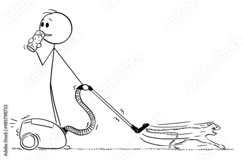 Vacuum Cleaner and Pet Cat , Vector Cartoon Stick Figure Illustration