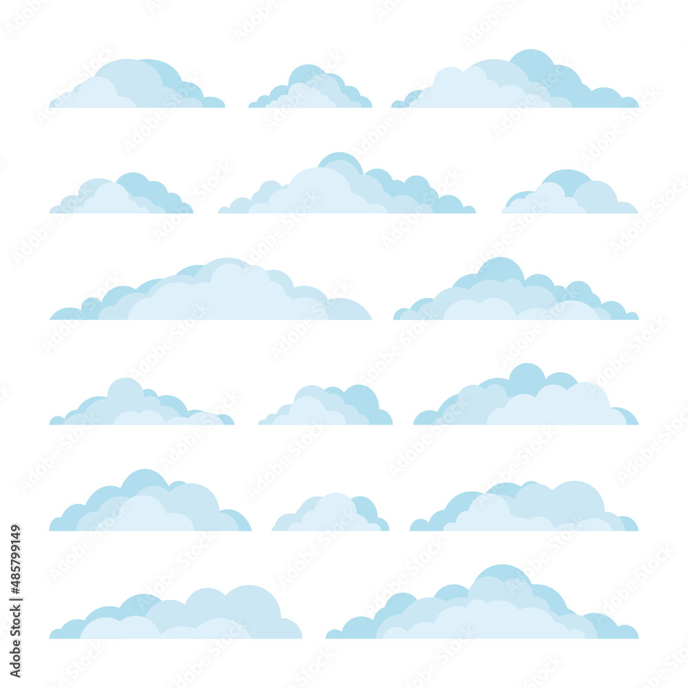 Set of clouds. 16 blue clouds with a flat bottom. Collection for design in cartoon style. Vector illustration isolated on a white background for design and web.