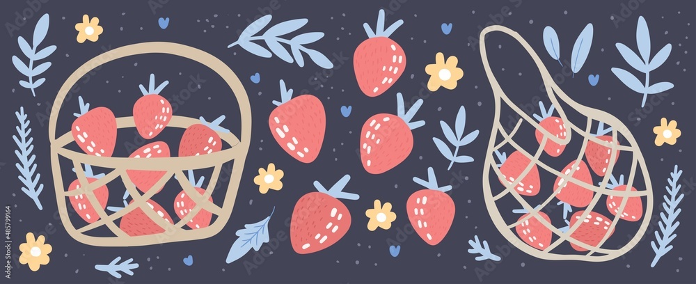 Abstract modern set of Strawberries in basket. Vector hand drawn berries with flowers and leaves illustration. Isolated on black background. Abstract modern set of Strawberries in basket. Vector hand drawn berries with flowers and leaves illustration. Isolated on black background.