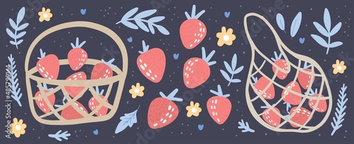 Abstract modern set of Strawberries in basket. Vector hand drawn berries with flowers and leaves illustration. Isolated on black background.