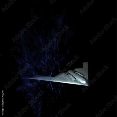 Unpiloted battle plane in fantasy scene with dark blue background
