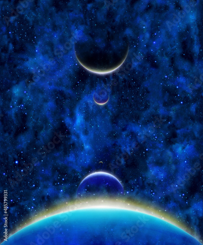 Earth heavenly bodies celestial bodies with color lines above in blue stars space background
