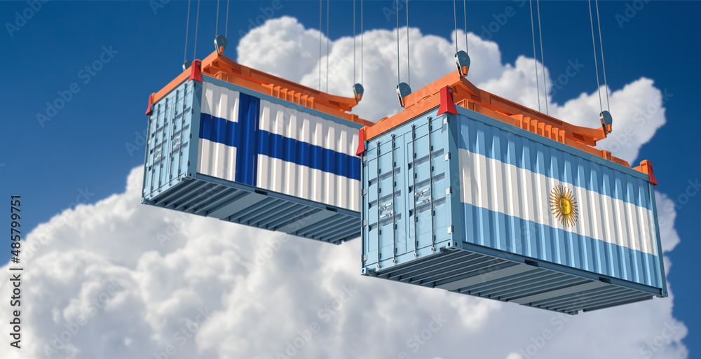 Freight containers with Argentina and Finland national flags. 3D Rendering 