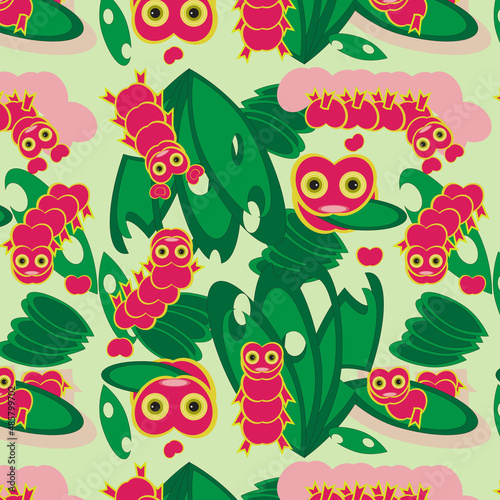 Seamless vector floral pattern with cartoon worms. Love and romance. Babies,children,teenagers,for background,wallpaper,paper,clothing,textile,cover,packing.