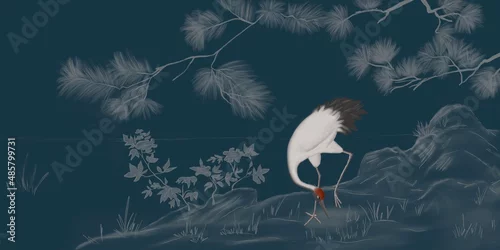 Fototapeta samoprzylepna White crane, dark blue background. Abstract watercolor paint background grunge texture. Interior Wallpaper. Mural for the walls, fresco for the room, interior grunge style