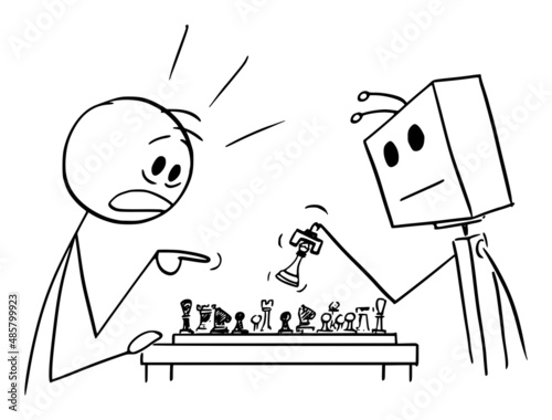 Person Playing Chess with Robot or Artificial Intelligence and loosing, Vector Cartoon Stick Figure Illustration