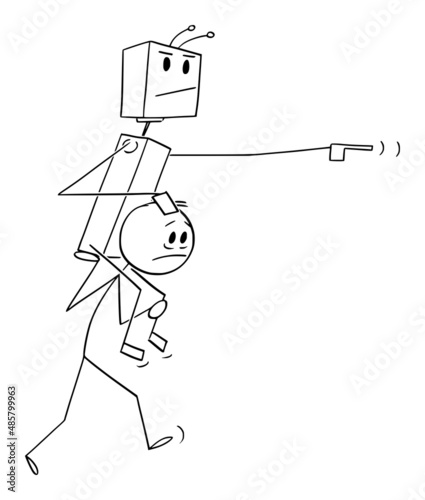 Human Carrying Robot on his Shoulders , Vector Cartoon Stick Figure Illustration