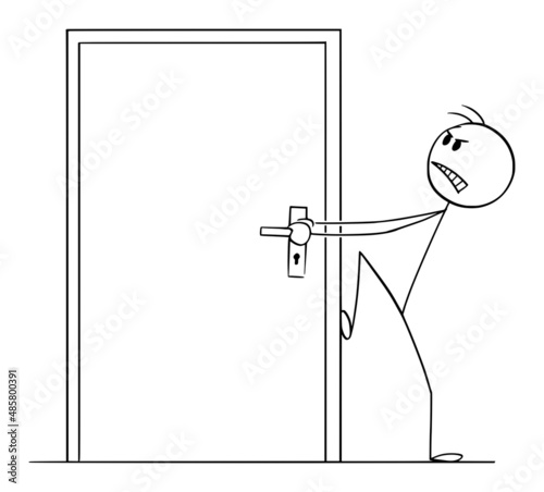 Person Trying to Open Locked or Blocked Door , Vector Cartoon Stick Figure Illustration